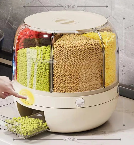 6 Grid Rotating Food Dispenser – 10 Kg Rice & Cereal Storage Tank