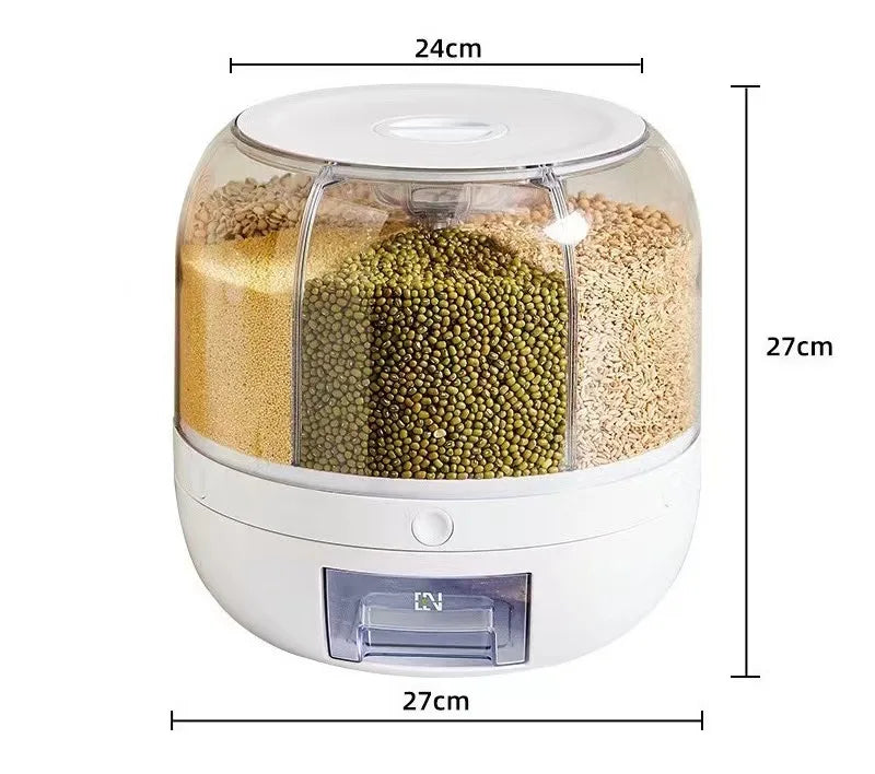 6 Grid Rotating Food Dispenser – 10 Kg Rice & Cereal Storage Tank