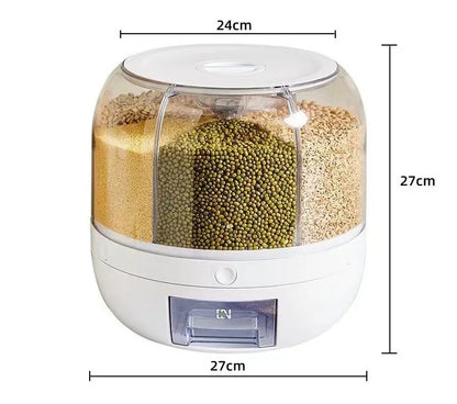 6 Grid Rotating Food Dispenser – 10 Kg Rice & Cereal Storage Tank