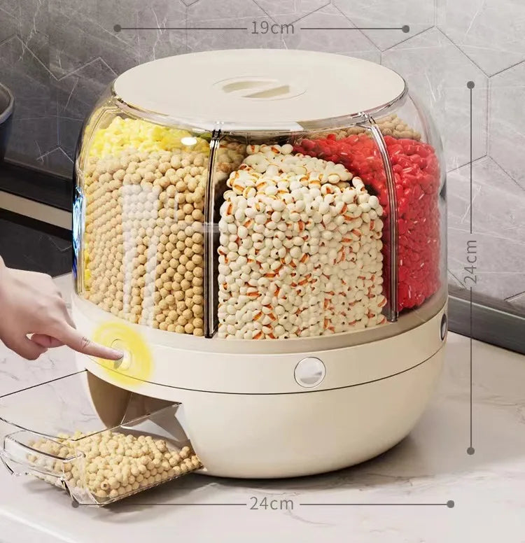 6 Grid Rotating Food Dispenser – 10 Kg Rice & Cereal Storage Tank